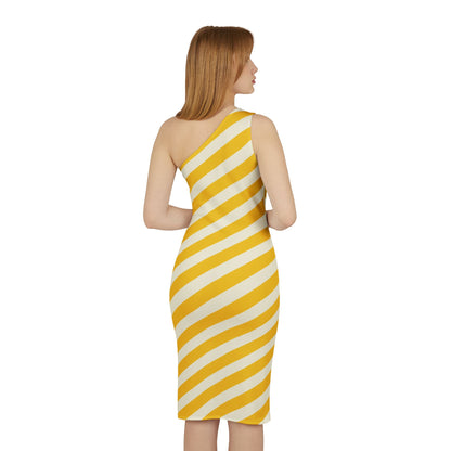 Lemony Yellow Stripes Women's Asymmetrical Shoulder Dress