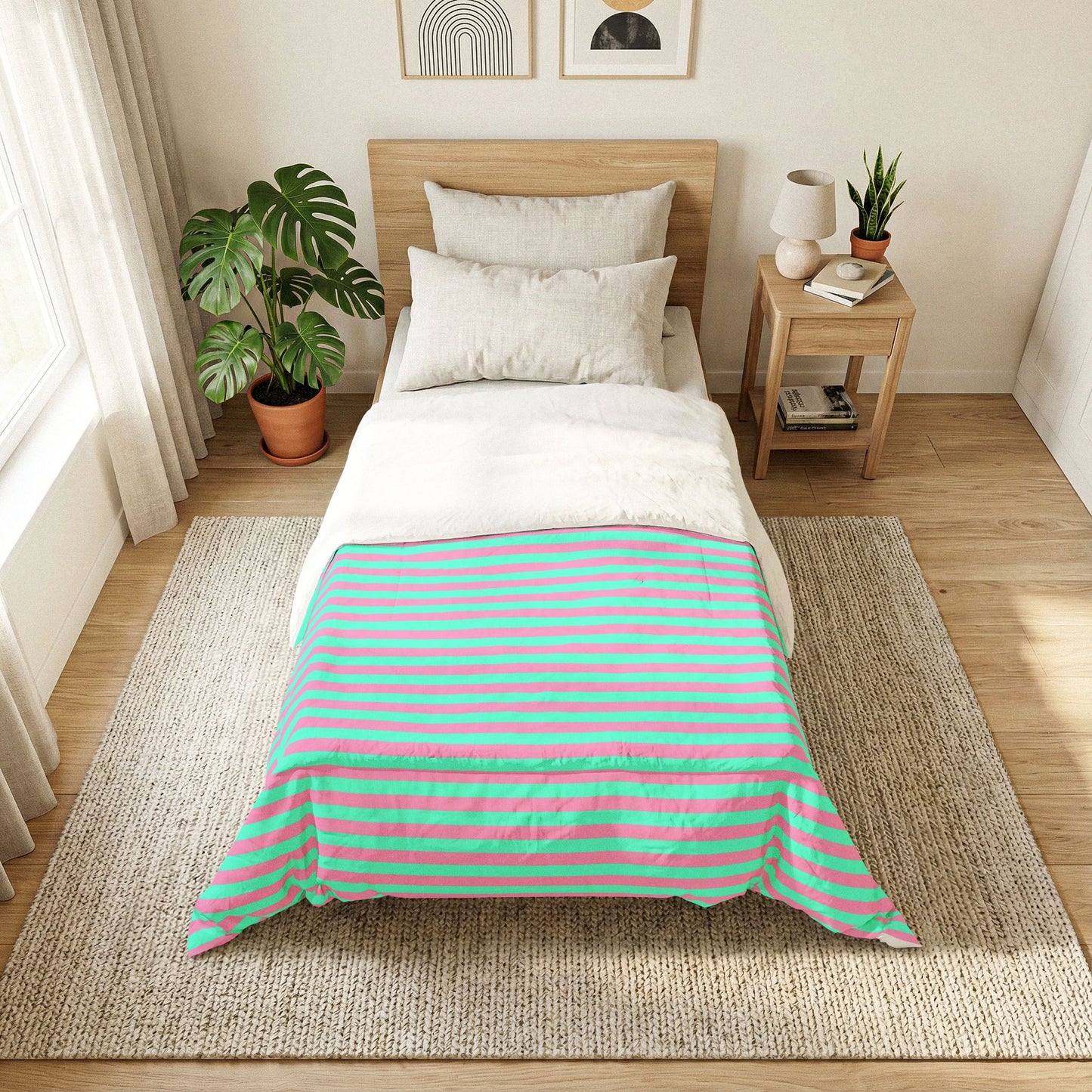 Pink + Teal Striped 100% Cotton Comforter