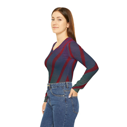 Red + Teal Illusion Wave Stripes Women's Long Sleeve V-Neck Shirt