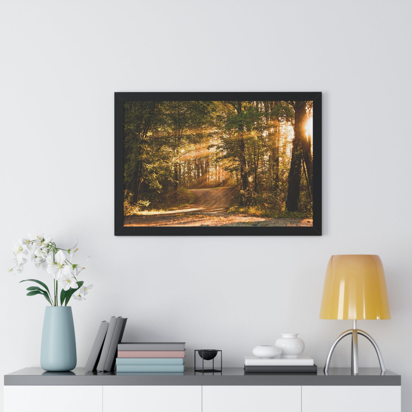 Sunbeams Streaming Onto Forest Path Framed Matte Print