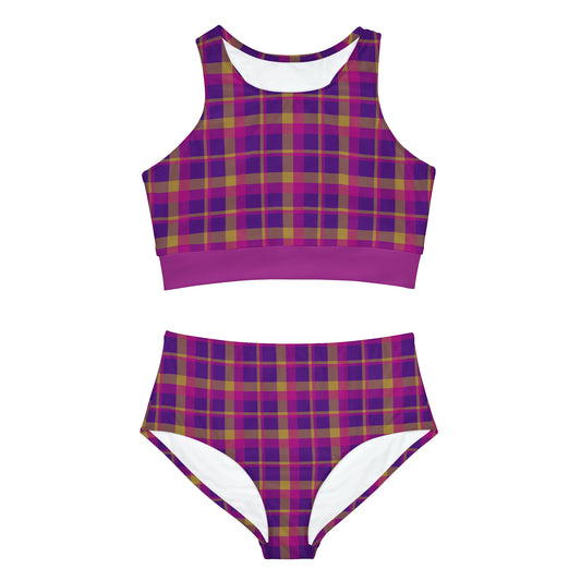 Yellow + Magenta Plaid Full-Coverage Bikini Set