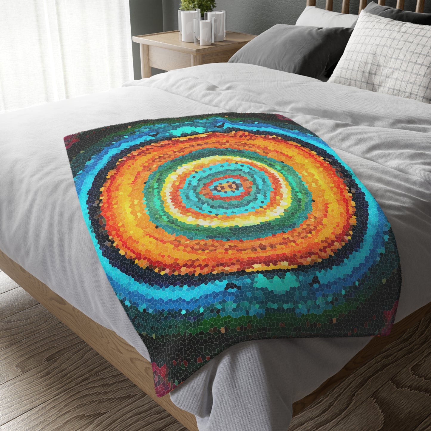 Pixel Mosaic Teal Orange Faux Mink Velveteen Blanket