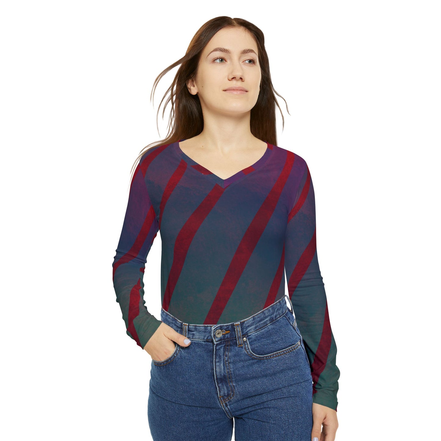 Red + Teal Illusion Wave Stripes Women's Long Sleeve V-Neck Shirt