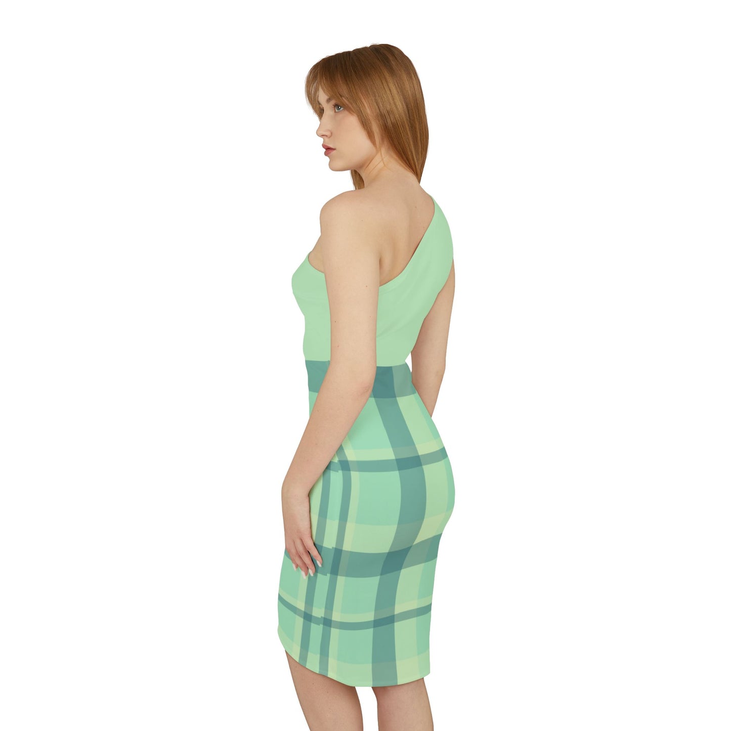 Minty Green Plaid Women's Asymmetrical Shoulder Dress