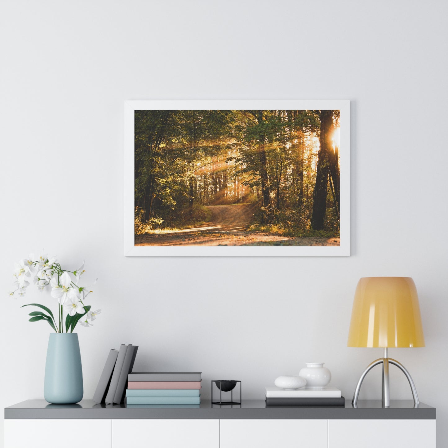 Sunbeams Streaming Onto Forest Path Framed Matte Print