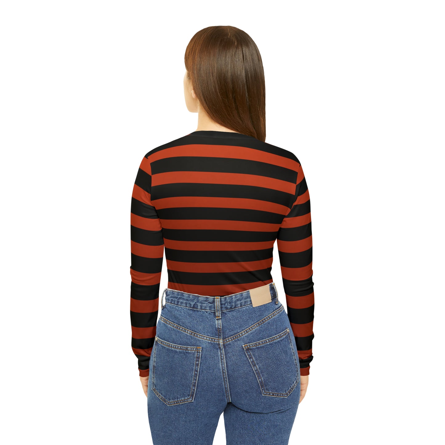 Earthy Red + Black Striped Women's Long Sleeve V-neck Shirt