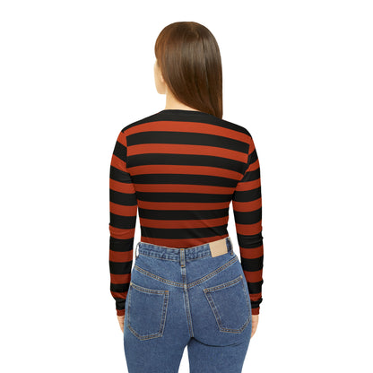 Earthy Red + Black Striped Women's Long Sleeve V-neck Shirt