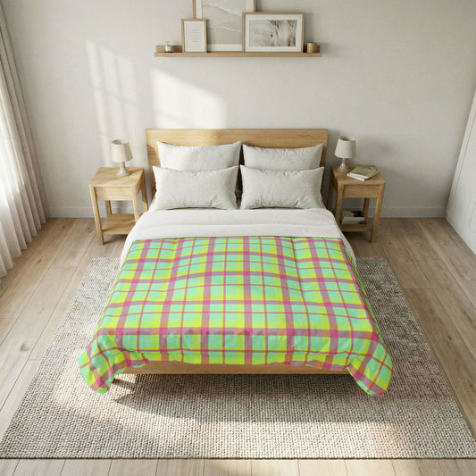 Neon Green + Pink Plaid 100% Cotton Comforter