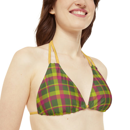 Muted Green + Pink Plaid String Bikini Set