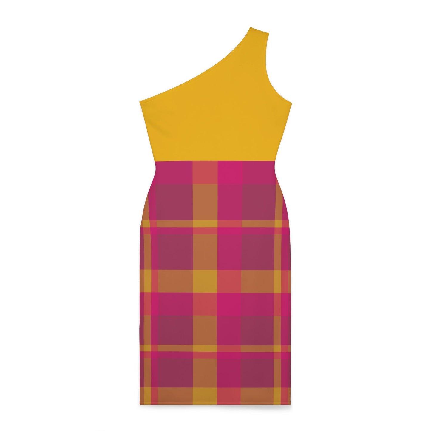 Pink + Yellow Plaid Women's Asymmetrical Shoulder Dress