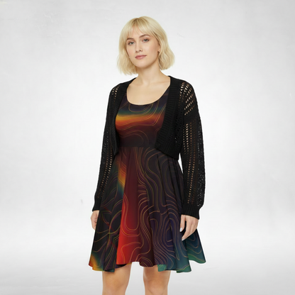 Woman wearing a colorful dress with a black cardigan on a white background (cardigan not for sale)