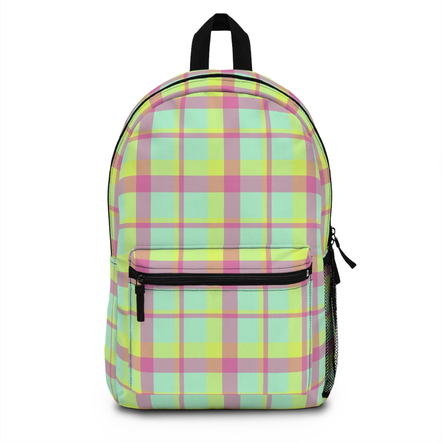 Neon Green + Pink Plaid Water-Resistant School Backpack