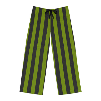 Terra Conserva men's pajama pants with avocado green and charcoal vertical stripes and a black drawstring, front view