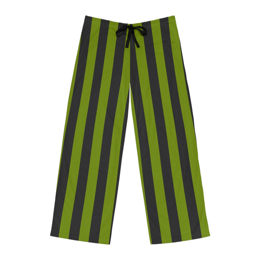 Terra Conserva men's pajama pants with avocado green and charcoal vertical stripes and a black drawstring, front view