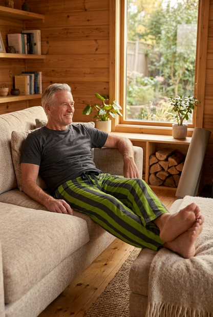 Man relaxing on a sofa wearing Terra Conserva avocado green and charcoal striped pajama pants