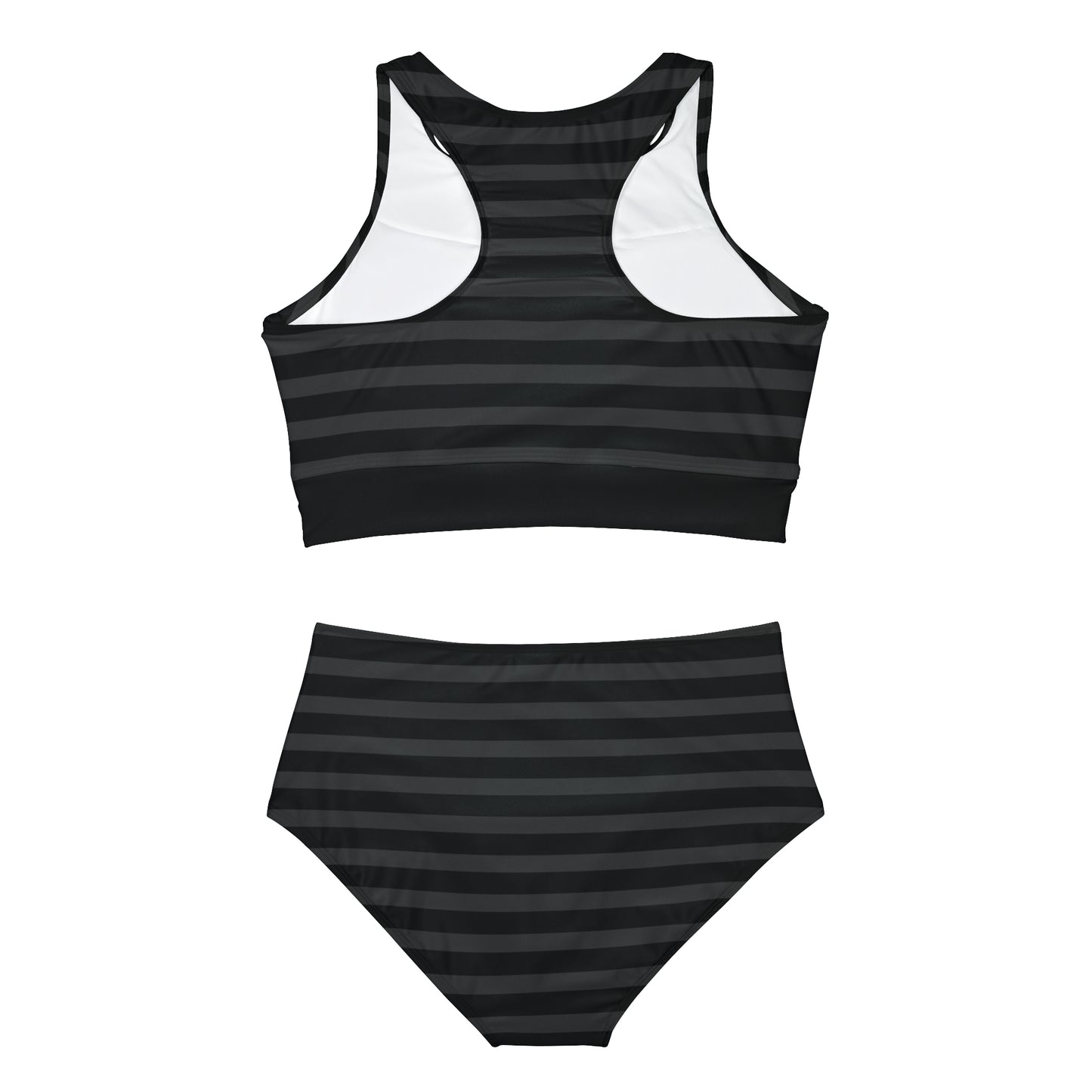 Black + Gray Striped Full-Coverage Bikini Set