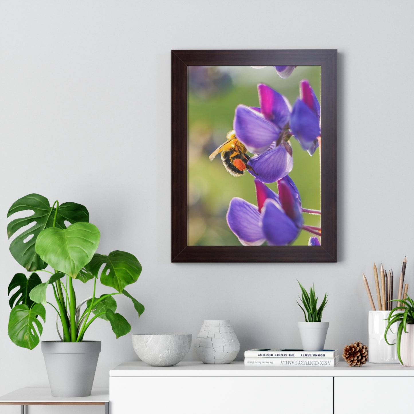 Bumble Bee Pollinates Lupine Flowers Framed Matte Print