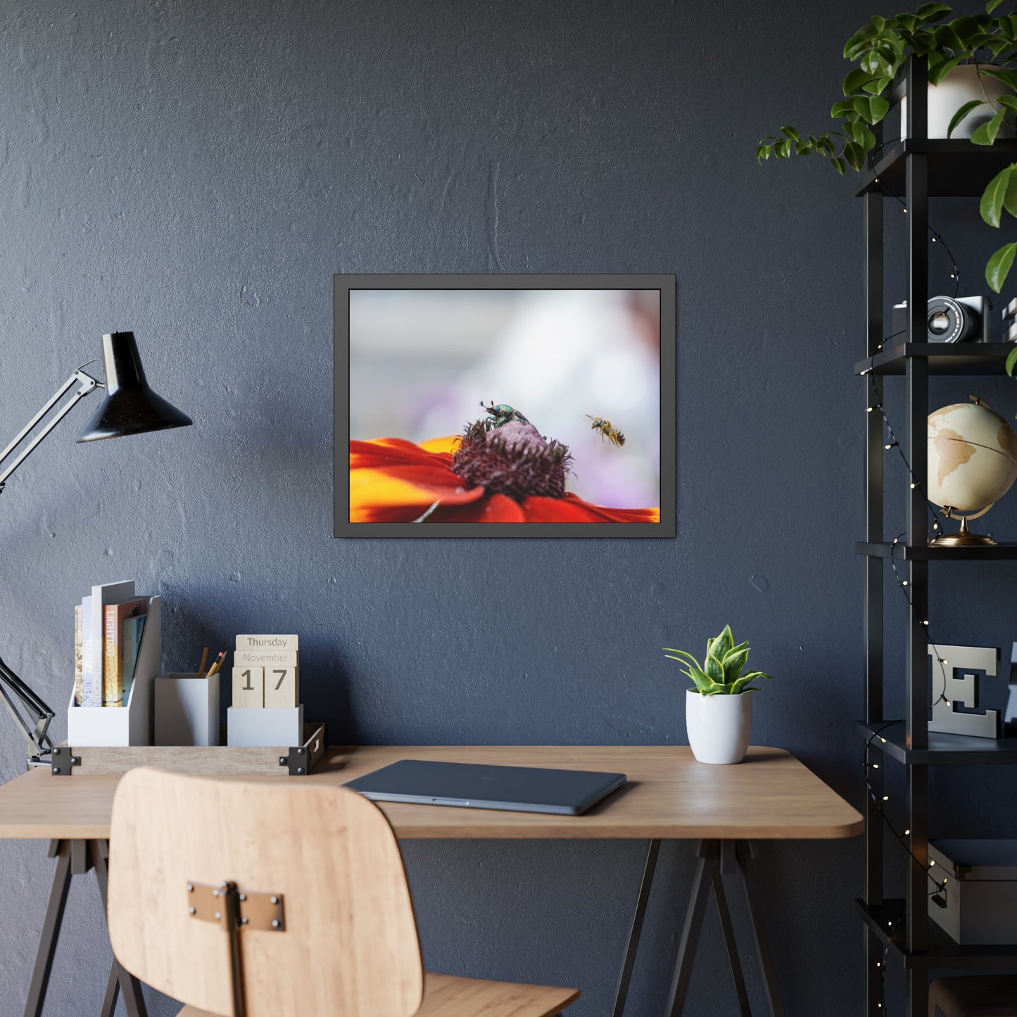 Japanese Beetle and Honey Bee Framed Print | Nature Photography