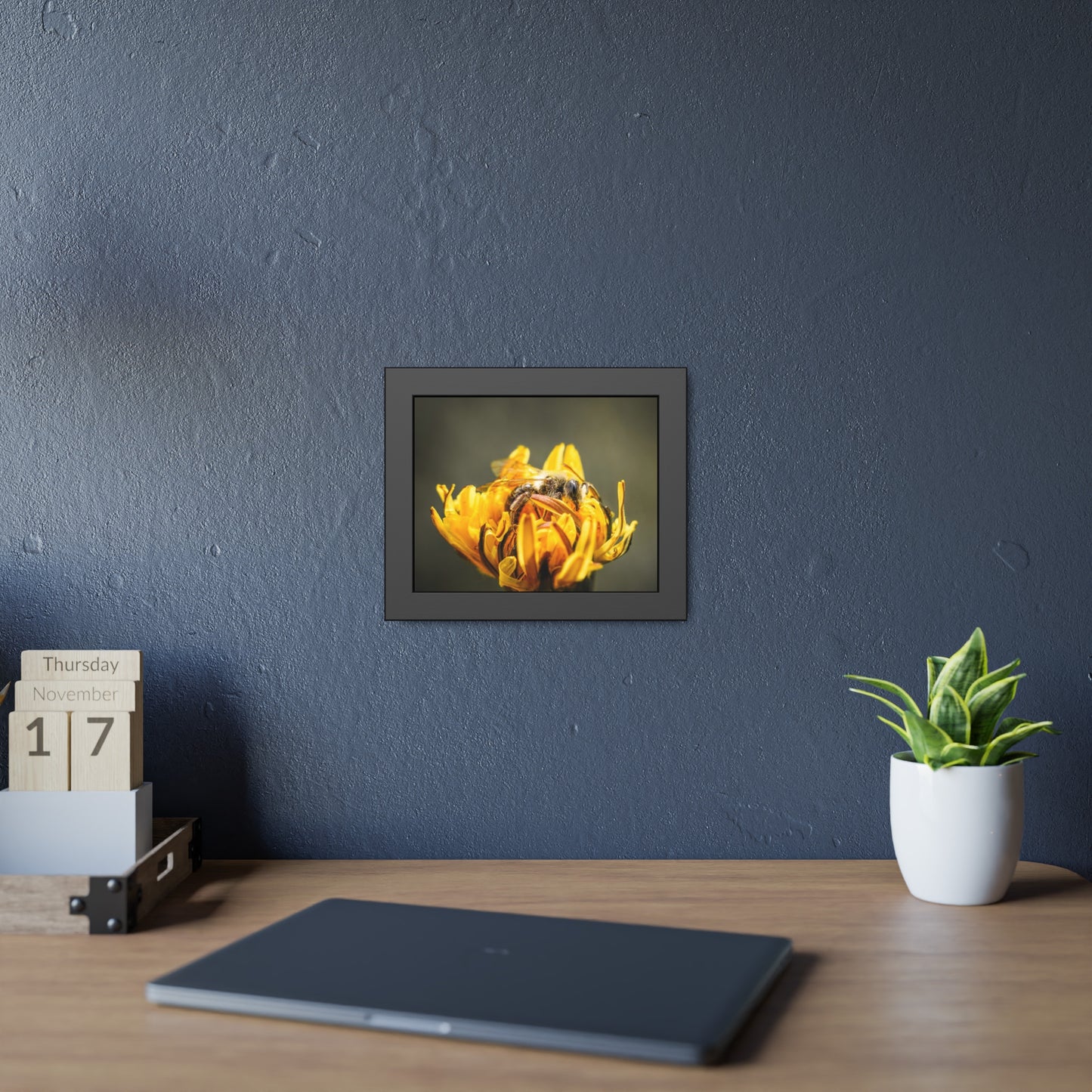 Macro Bee Pollinating Dandelion Framed Print | Nature Photography