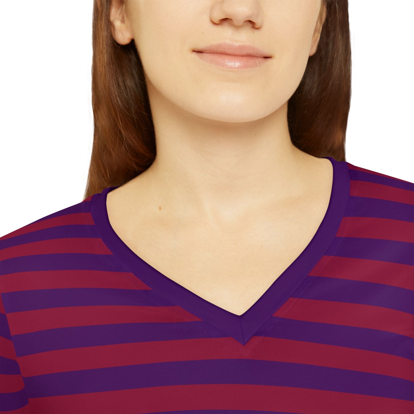 Red + Purple Skinny Striped Women's Long Sleeve V-neck Shirt
