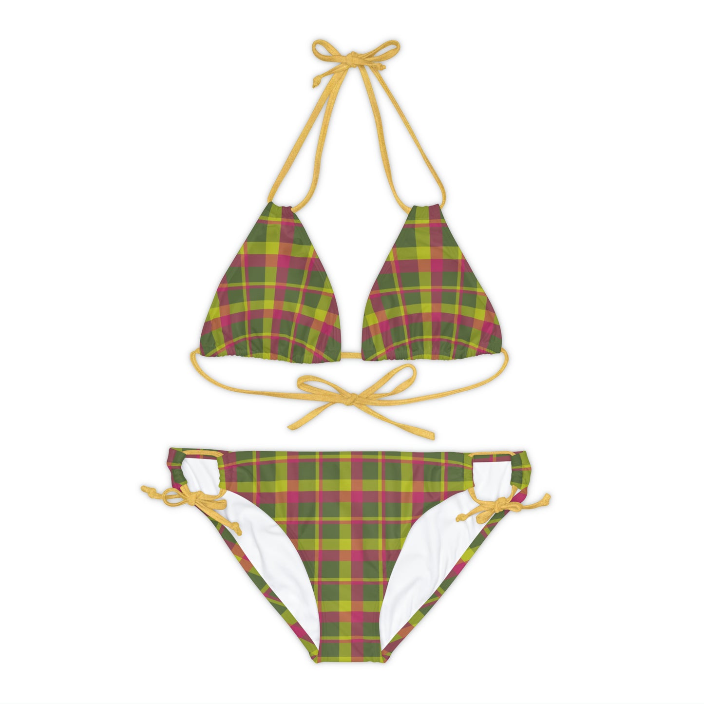 Muted Green + Pink Plaid String Bikini Set