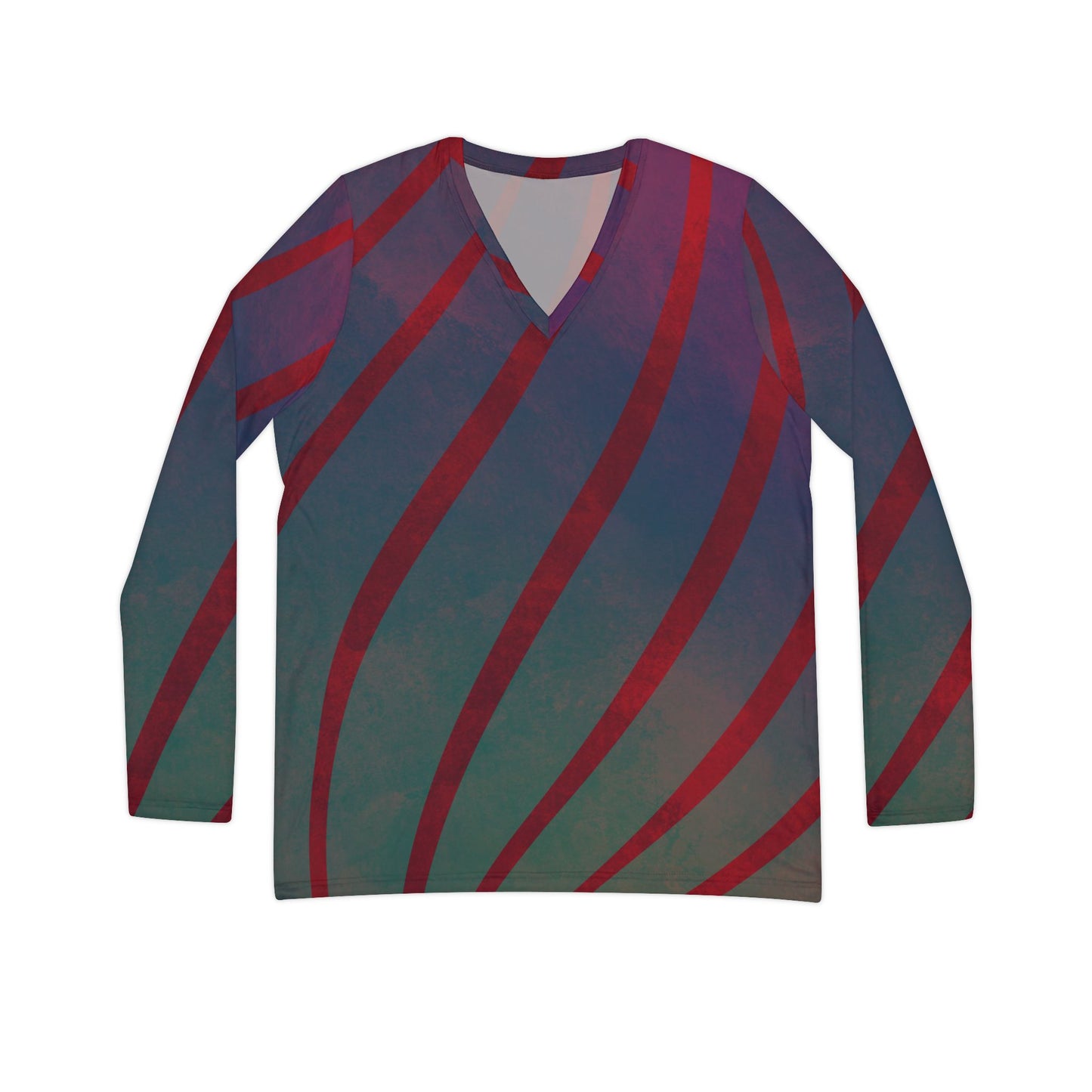 Red + Teal Illusion Wave Stripes Women's Long Sleeve V-Neck Shirt