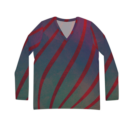 Red + Teal Illusion Wave Stripes Women's Long Sleeve V-Neck Shirt