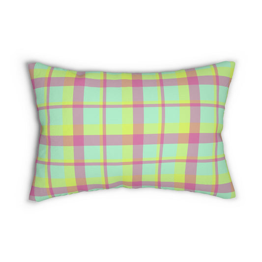 Neon Green + Pink Plaid Lumbar Pillow