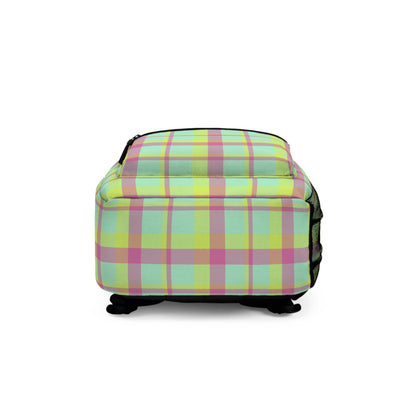 Neon Green + Pink Plaid Water-Resistant School Backpack