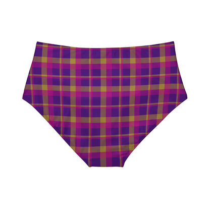 Yellow + Magenta Plaid Women's Full Coverage Bikini Bottom