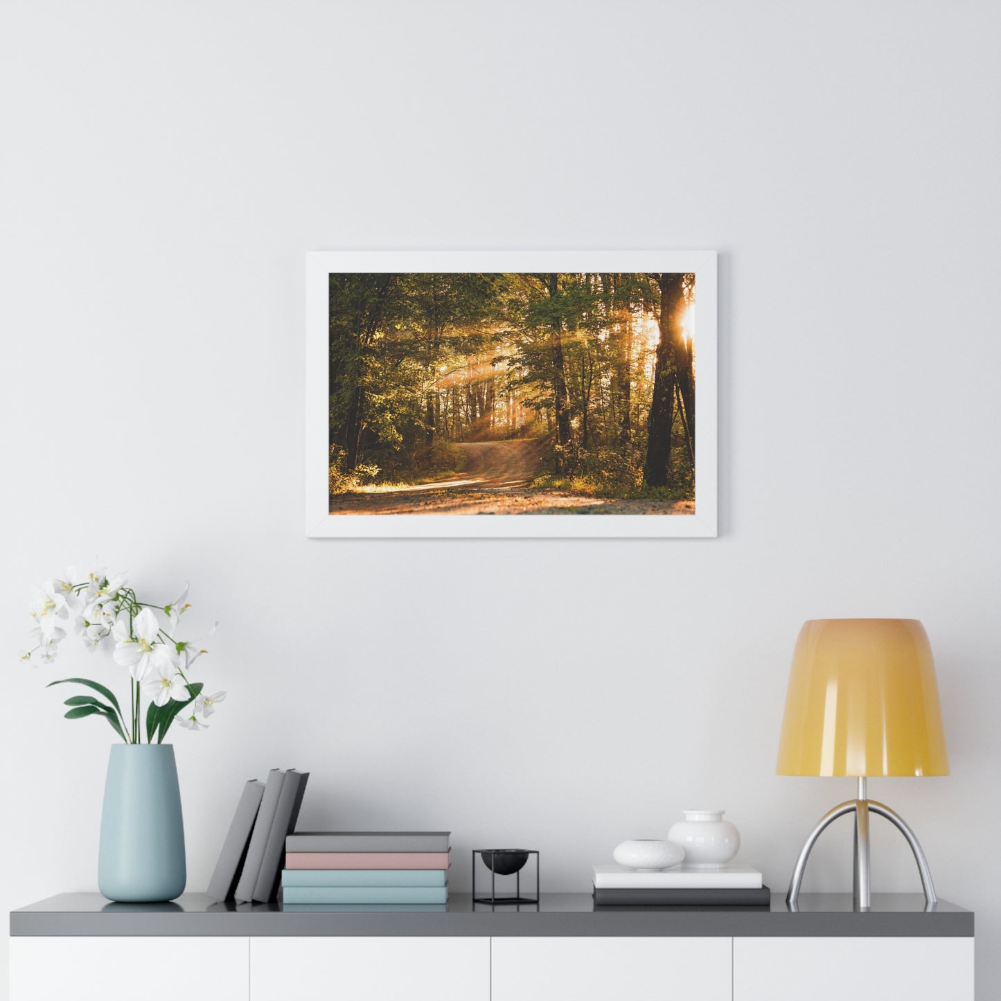 Sunbeams Streaming Onto Forest Path Framed Matte Print