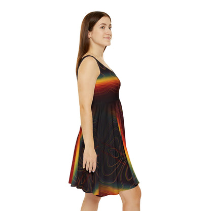 Woman wearing a sleeveless dress with a colorful rainbow pattern on a white background