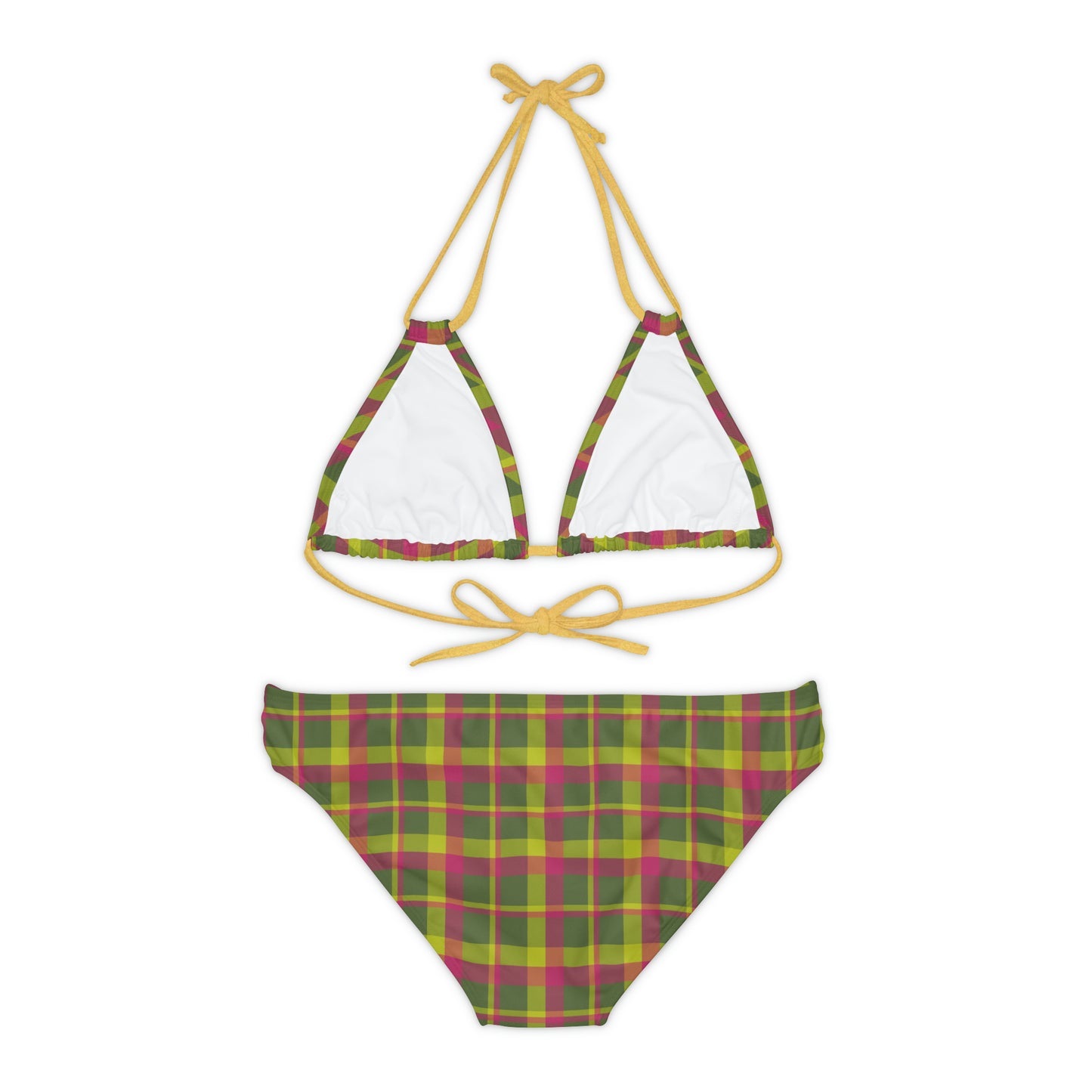 Muted Green + Pink Plaid String Bikini Set