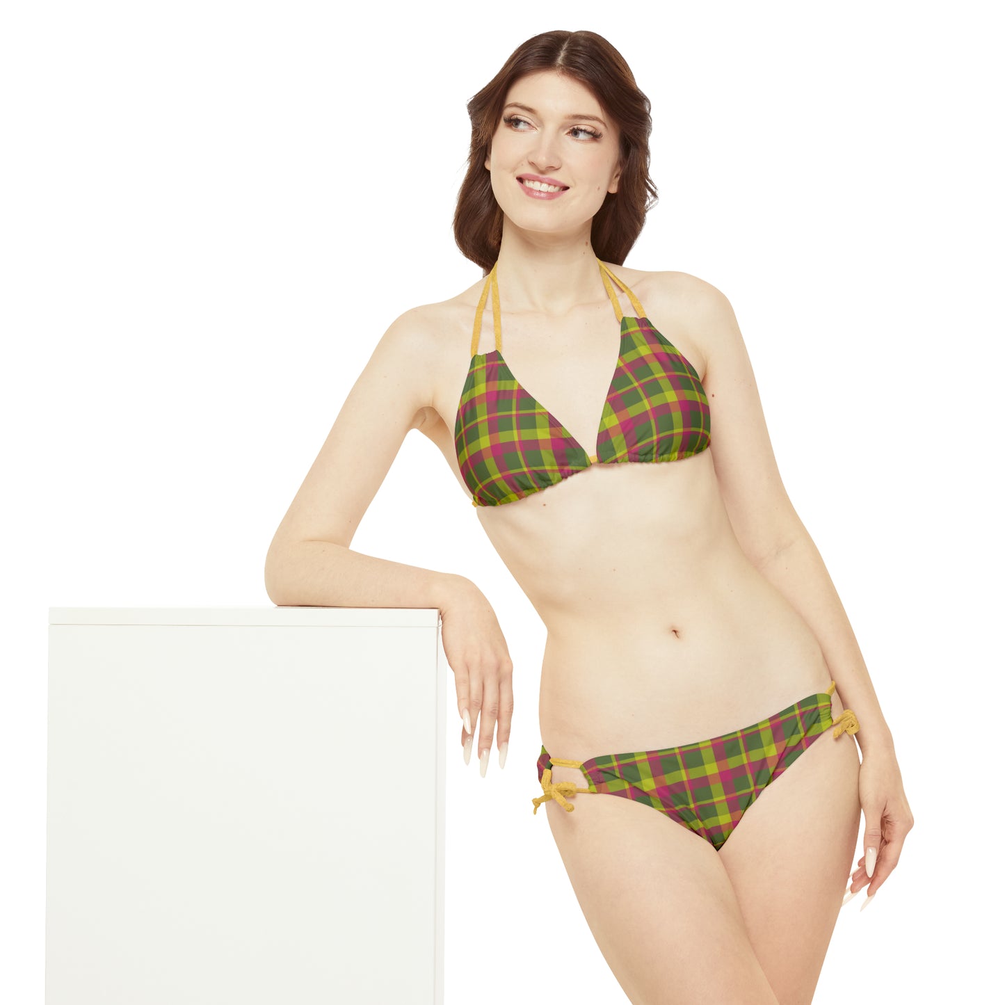 Muted Green + Pink Plaid String Bikini Set