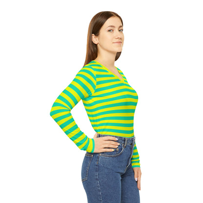 Lemon Lime Skinny Striped Women's Long Sleeve V-neck Shirt