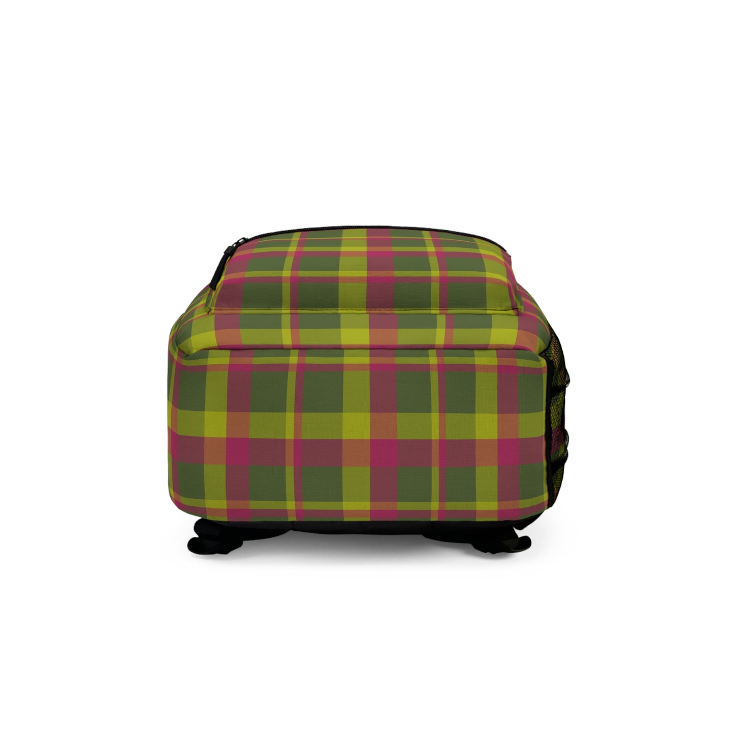 Muted Green + Pink Plaid Water-Resistant School Backpack