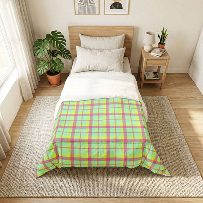 Neon Green + Pink Plaid 100% Cotton Comforter