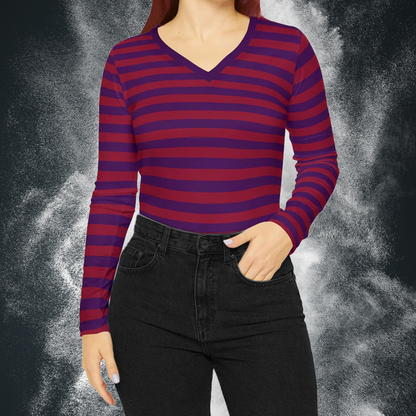 Red + Purple Skinny Striped Women's Long Sleeve V-neck Shirt