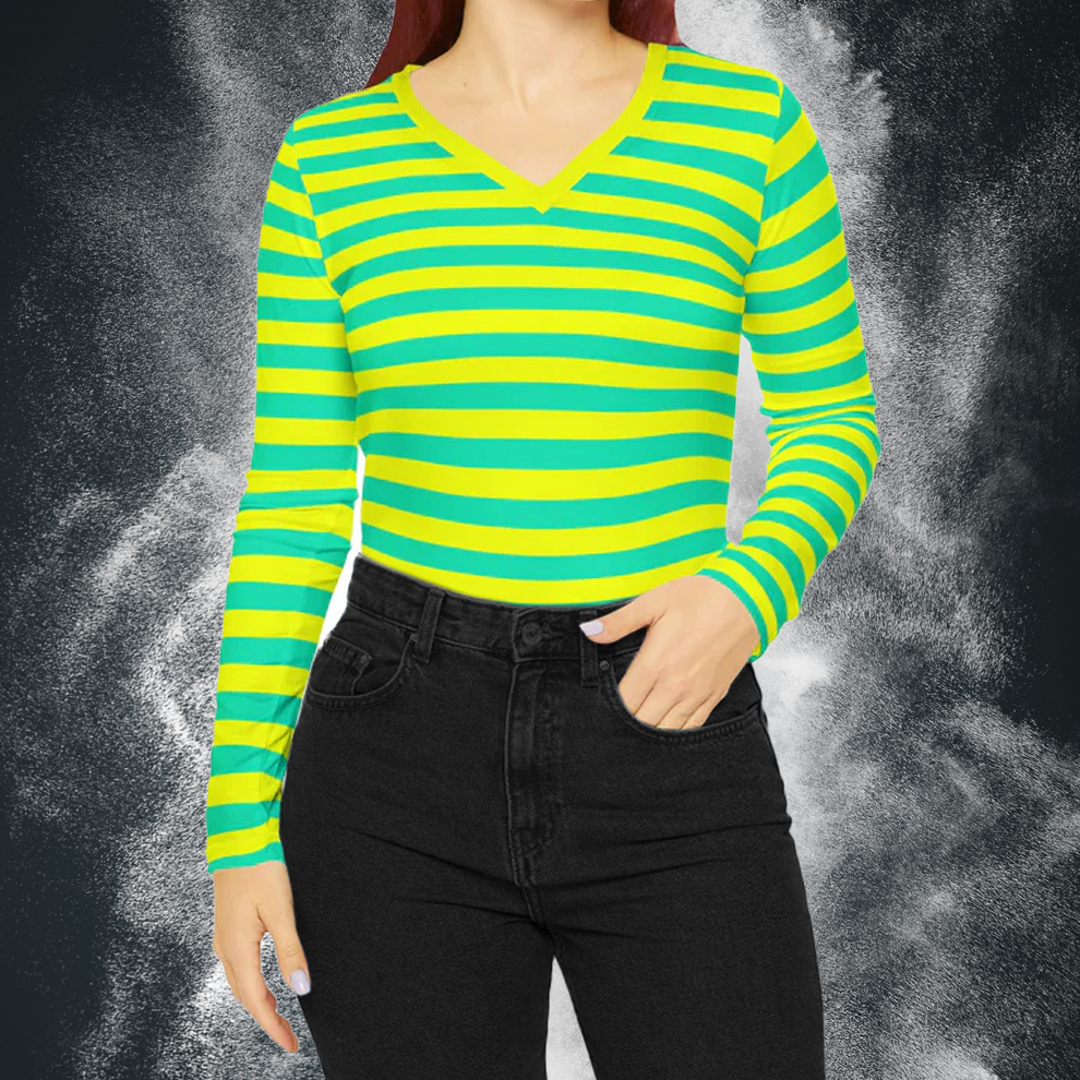 Lemon Lime Skinny Striped Women's Long Sleeve V-neck Shirt