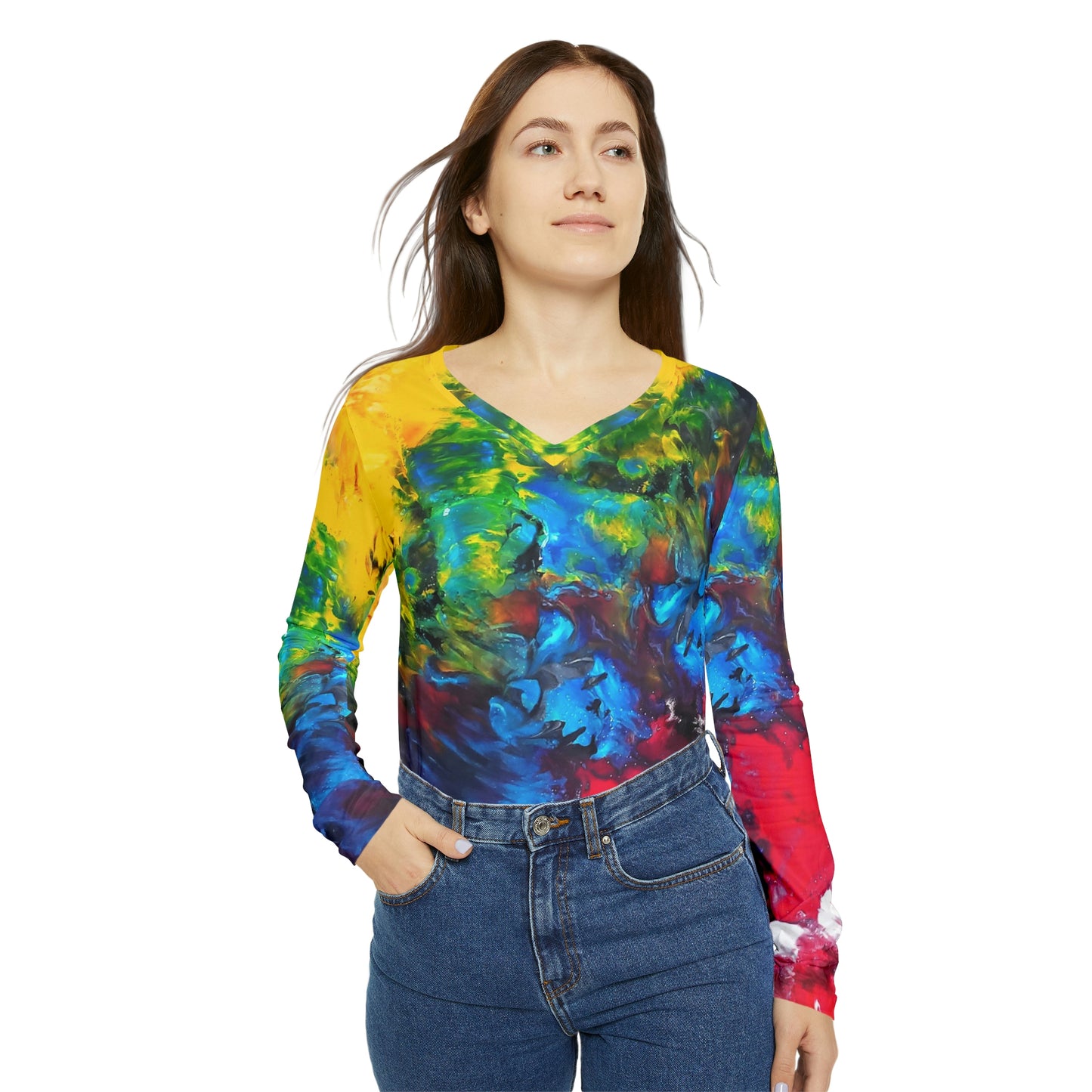 Colorful Paint Waves Women's Long Sleeve V-neck Shirt