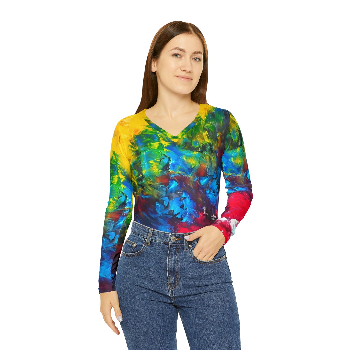 Colorful Paint Waves Women's Long Sleeve V-neck Shirt