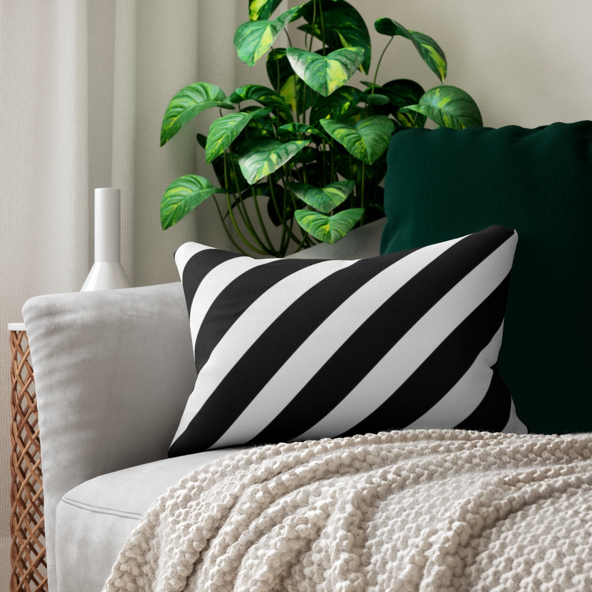 Black & White Diagonal Stripes Lumbar Pillow