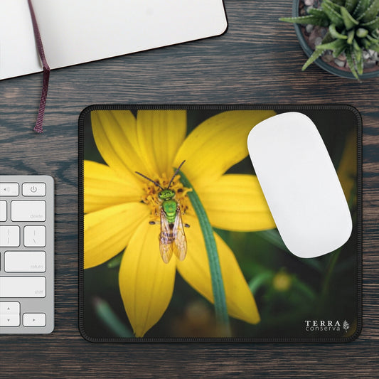 Metallic Green Bee on Yellow Flower Large Mouse Pad